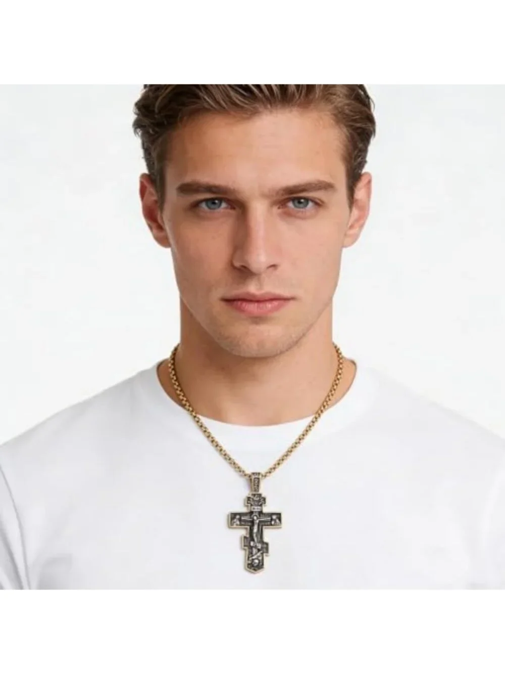 Men's Vintage Eastern Orthodox Cross Necklace, Double-Sided Jesus Pendant, 24